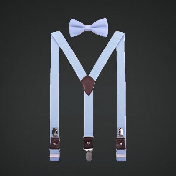 Light Blue Boys Adjustable Suspenders and Bow Tie Set with Brown Detail - Picture 1 of 4